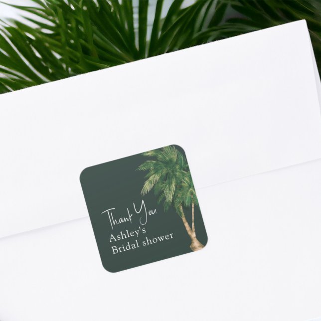 Tropical greenery script palm tree bridal thank square sticker (Tropical greenery script palm tree bridal thank square sticker)