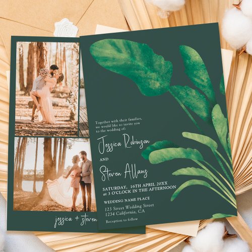 Tropical greenery script plant 3 photo wedding invitation