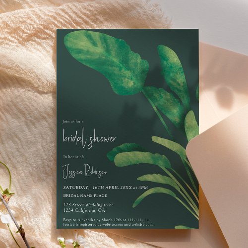 Tropical greenery script plant bridal shower invitation