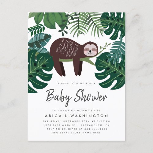 Tropical Greenery Sleeping Sloth Baby Shower Invitation Postcard