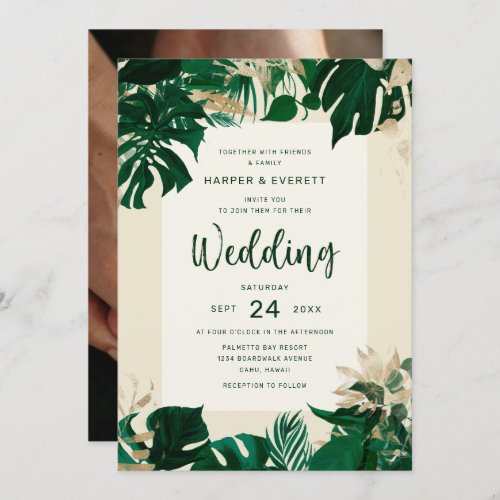 Tropical Greenery Theme with Photo Back Wedding Invitation