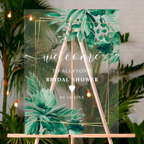 Tropical greenery watercolor bridal shower welcome acrylic sign