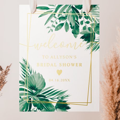 Tropical greenery watercolor bridal shower welcome foil prints