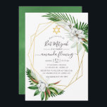 Tropical Greenery Watercolor Geometric Bat Mitzvah Invitation<br><div class="desc">Tropical leaves and white magnolias bat mitzvah invite with gold geometric frame and elegant handwriting typography.</div>