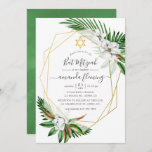 Tropical Greenery Watercolor Geometric Bat Mitzvah Invitation<br><div class="desc">Tropical leaves and white magnolias bat mitzvah invite with gold geometric frame and elegant handwriting typography.</div>