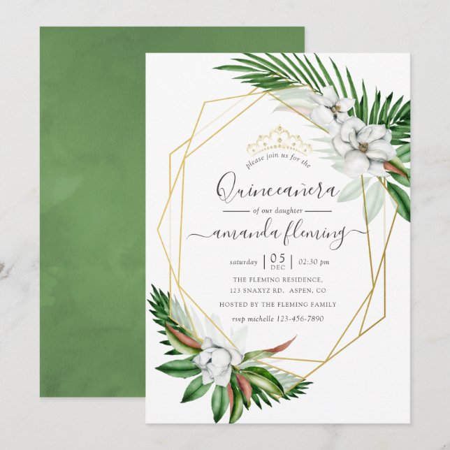 Tropical Greenery Watercolor Geometric Quinceañera Invitation (Front/Back)