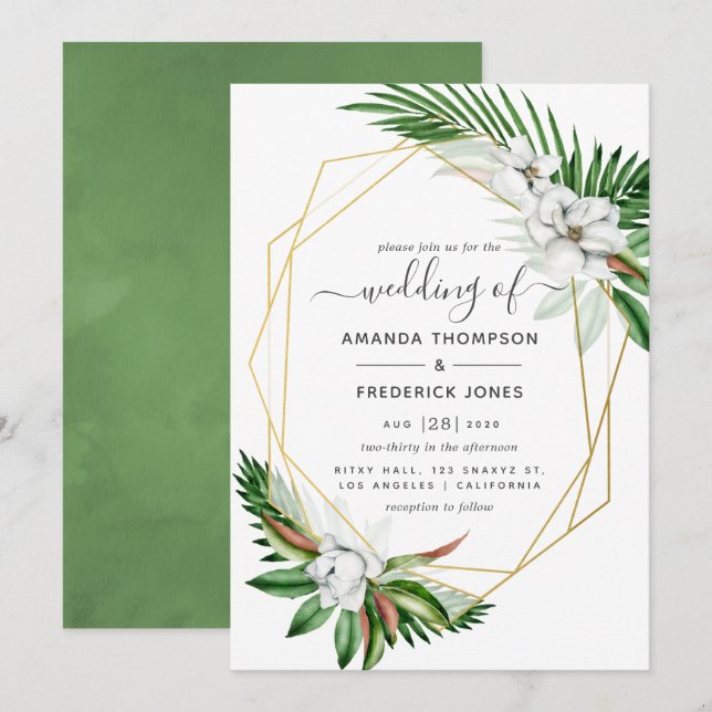 Tropical Greenery Watercolor Geometric Wedding Invitation (Front/Back)