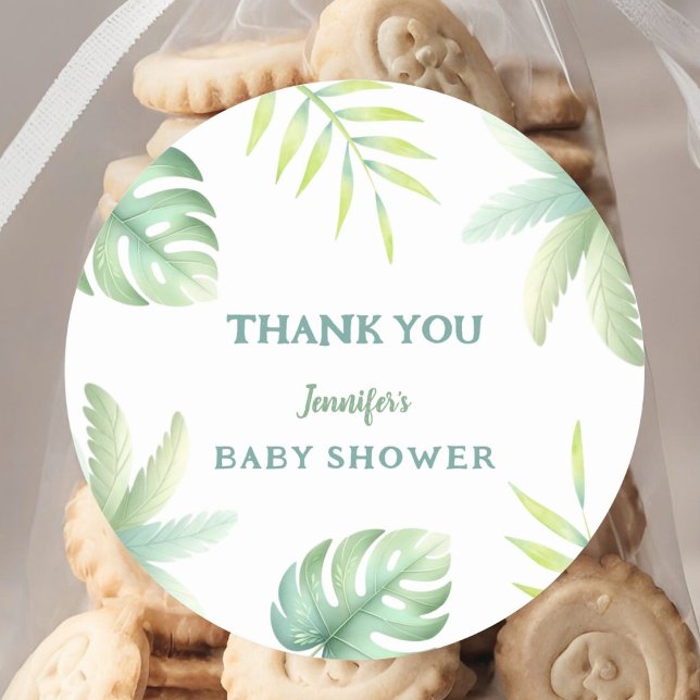 Tropical Greenery Watercolor Green Baby Shower Classic Round Sticker (Creator Uploaded)
