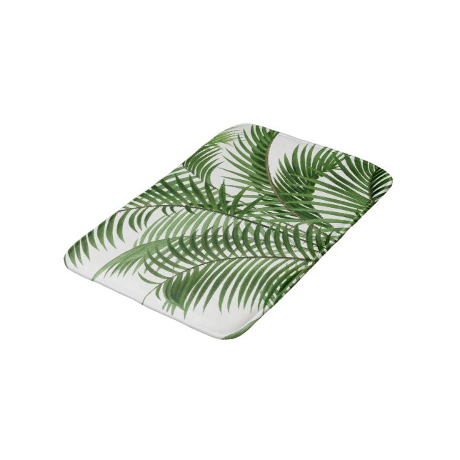 Tropical Greenery Watercolor Palm Tree Leaves Bath Mat (Angled)