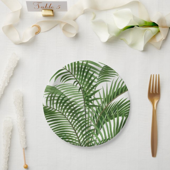 Tropical Greenery Watercolor Palm Tree Leaves Paper Plates (Wedding)