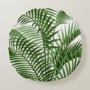 Tropical Greenery Watercolor Palm Tree Leaves Round Pillow