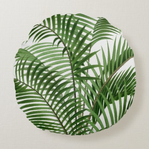 Tropical Greenery Watercolor Palm Tree Leaves   Round Pillow