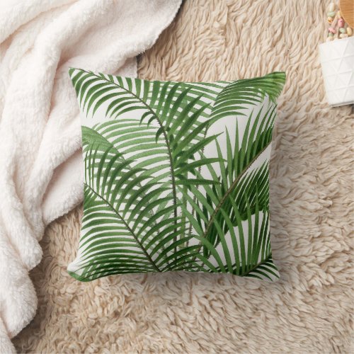 Tropical Greenery Watercolor Palm Tree Leaves  Throw Pillow