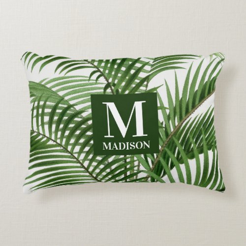 Tropical Greenery Watercolor Palm Tree Monogrammed Accent Pillow