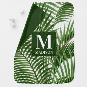 Tropical Greenery Watercolor Palm Tree Monogrammed Baby Blanket