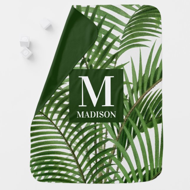 Tropical Greenery Watercolor Palm Tree Monogrammed Baby Blanket (In Situ)