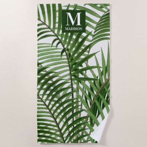 Tropical Greenery Watercolor Palm Tree Monogrammed Beach Towel