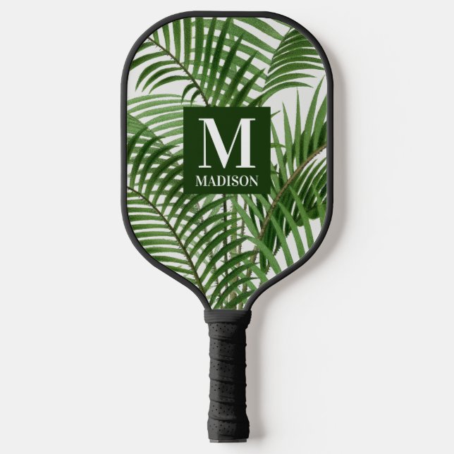 Tropical Greenery Watercolor Palm Tree Monogrammed Pickleball Paddle (Front)