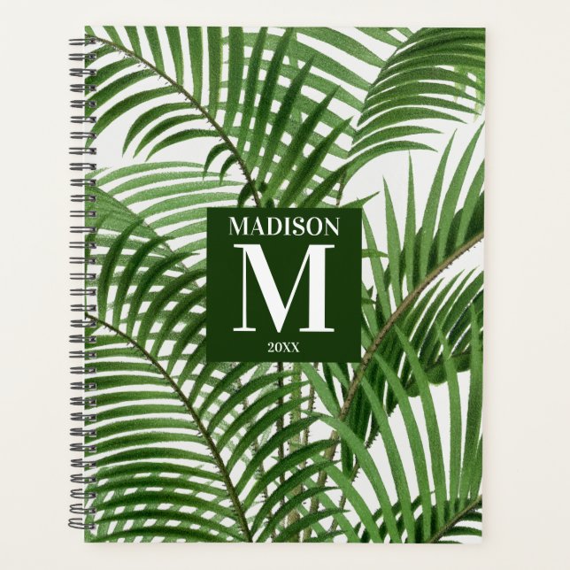 Tropical Greenery Watercolor Palm Tree Monogrammed Planner (Front)