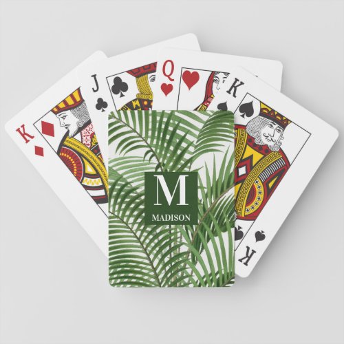 Tropical Greenery Watercolor Palm Tree Monogrammed Poker Cards