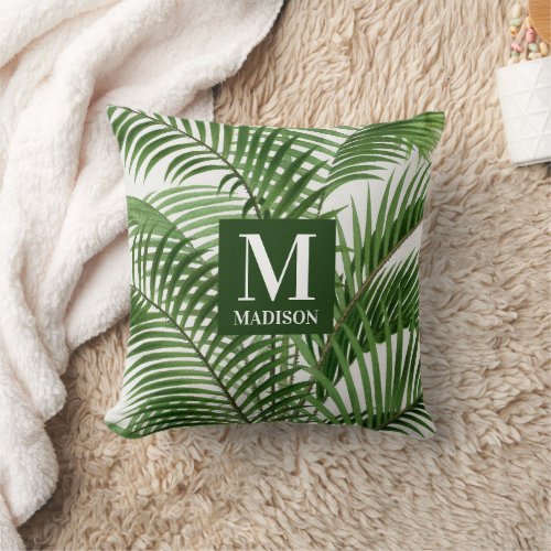 Tropical Greenery Watercolor Palm Tree Monogrammed Throw Pillow