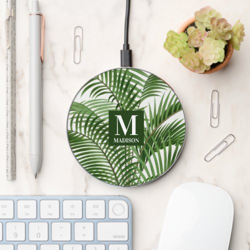 Tropical Greenery Watercolor Palm Tree Monogrammed Wireless Charger