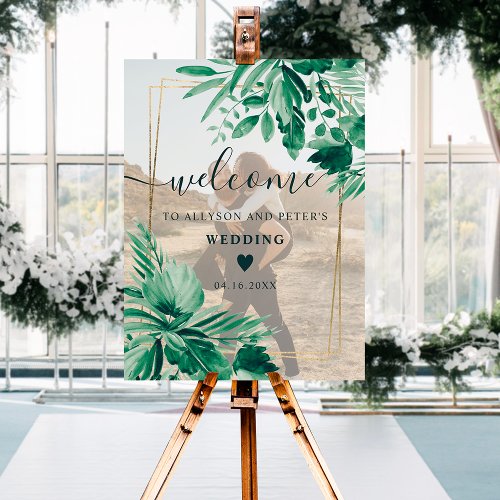 Tropical greenery watercolor photo wedding welcome foam board