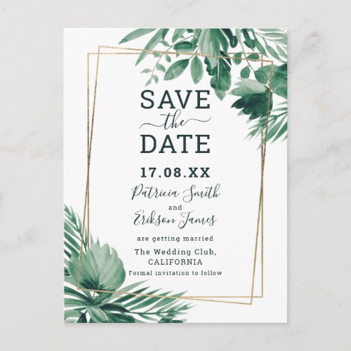 Tropical greenery watercolor save the date postcard