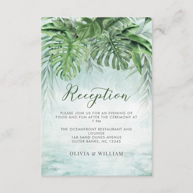 Tropical Greenery Watercolor Wedding Reception Enclosure Card (Front)