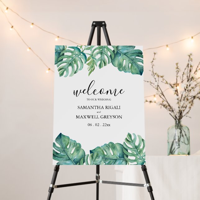Tropical Greenery Watercolor Wedding Welcome Sign (In Situ (Stand))