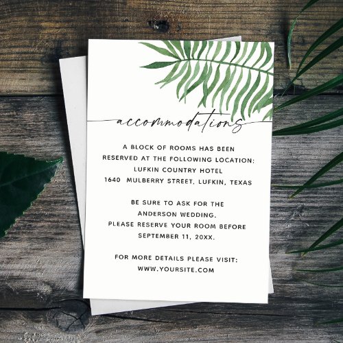 Tropical greenery wedding accommodations  details enclosure card