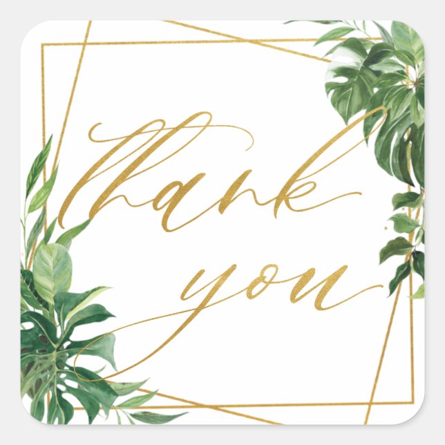 Tropical Greenery Wedding Gold Geometric Thank You Square Sticker (Front)