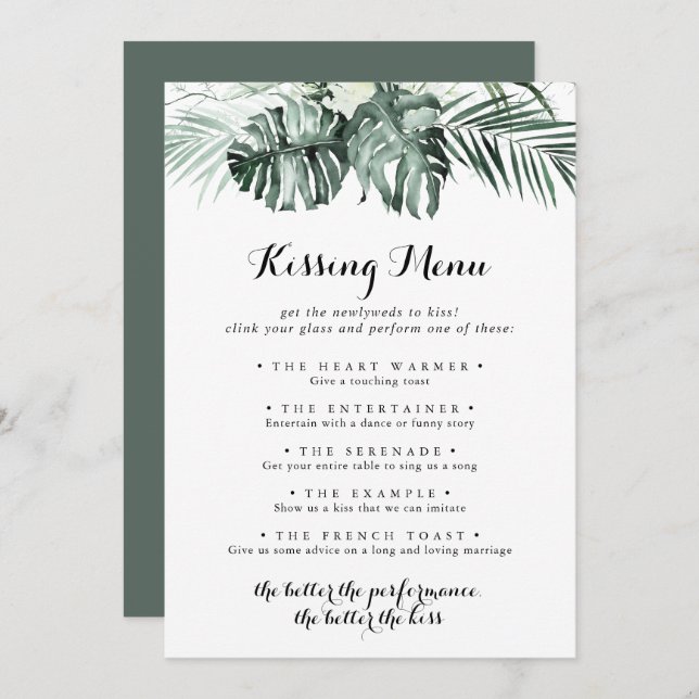 Tropical Greenery Wedding Kissing Menu Game Card (Front/Back)