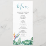 Tropical Greenery Wedding Menus Card<br><div class="desc">Designed to coordinate with my watercolor collection these tropical dinner menu cards can be personalized with your names and meal choices. The design features my watercolor monstera palm leaves and bird of paradise flower. The word Menu is set in a modern calligraphy script in turquoise blue. The minimalist card reverses...</div>