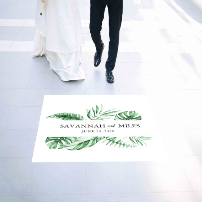 Tropical Greenery Wedding Names & Date Floor Decal (Wedding)
