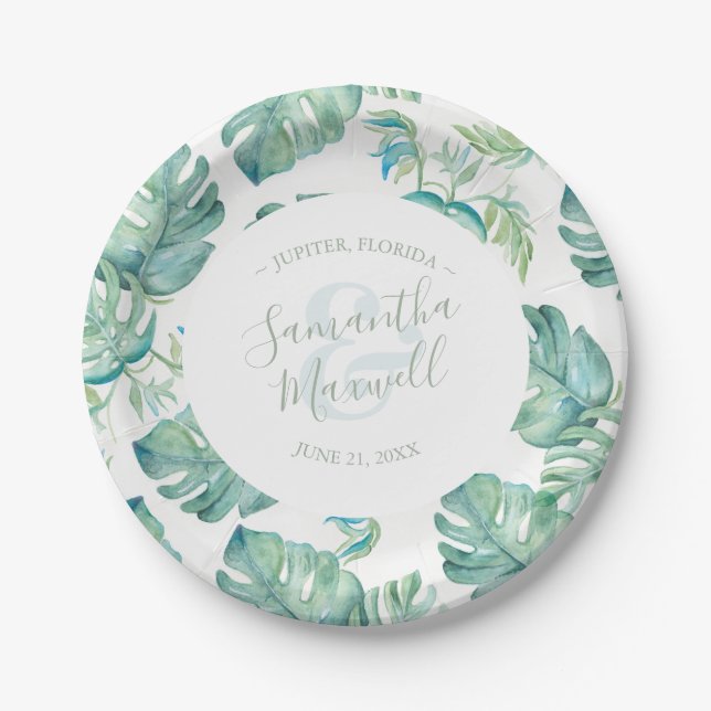 Tropical Greenery Wedding Paper Plates (Front)