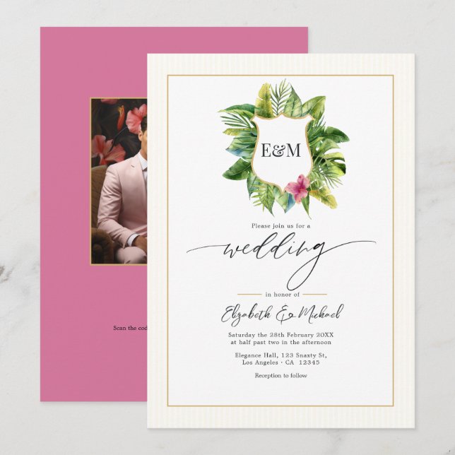 Tropical Greenery Wedding Photo and QR Code Invitation (Front/Back)