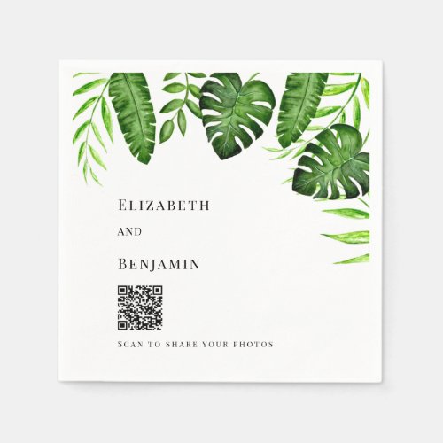 Tropical Greenery Wedding QR Code Photo Share Napkins