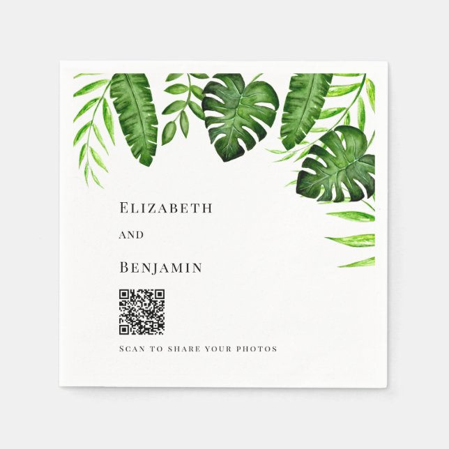 Tropical Greenery Wedding QR Code Photo Share Napkins (Front)