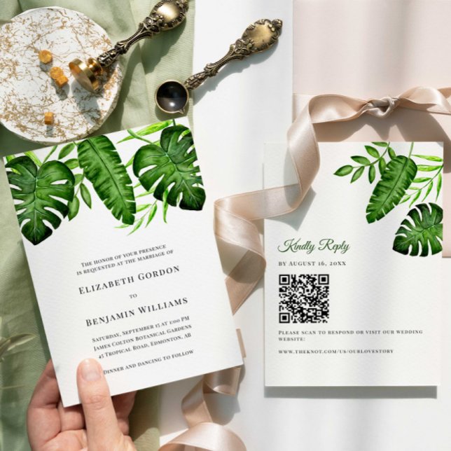 Tropical Greenery Wedding QR Code RSVP Botanical Invitation (Creator Uploaded)