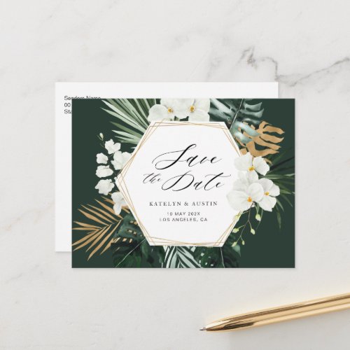 tropical greenery wedding save the date postcard