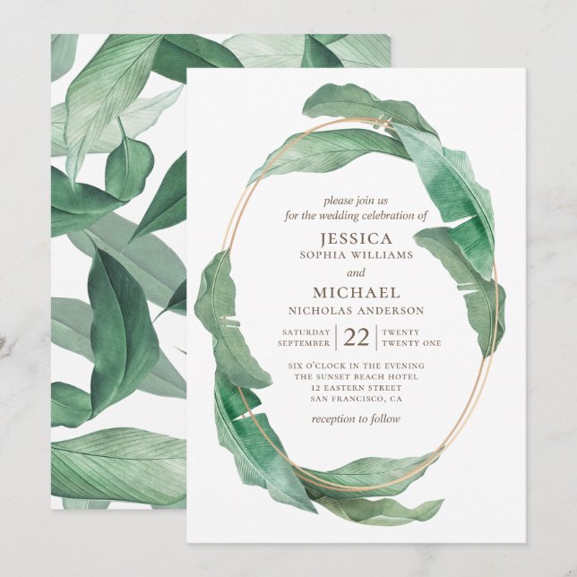 Tropical greenery wedding. Watercolor botanical Invitation (Front/Back)