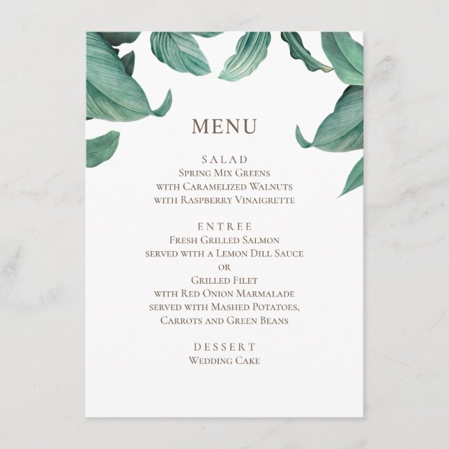 Tropical greenery wedding. Watercolor botanical Menu (Front)