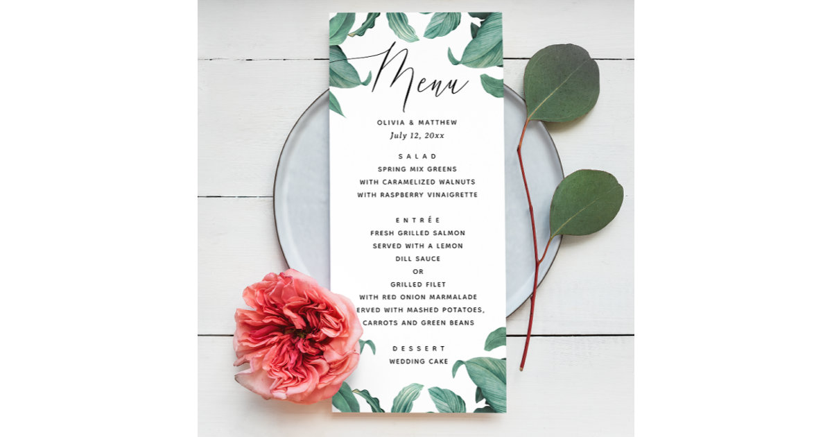 Tropical greenery wedding. Watercolor botanical Menu | Zazzle