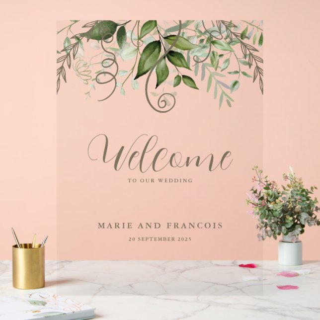 Tropical Greenery Wedding Welcome Clear Acrylic Sign (Wedding)