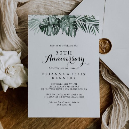 Tropical Greenery White 50th Wedding Anniversary Invitation
