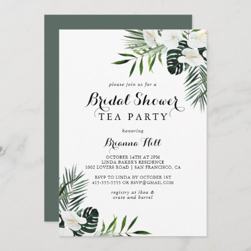 Tropical Greenery White Bridal Shower Tea Party Invitation