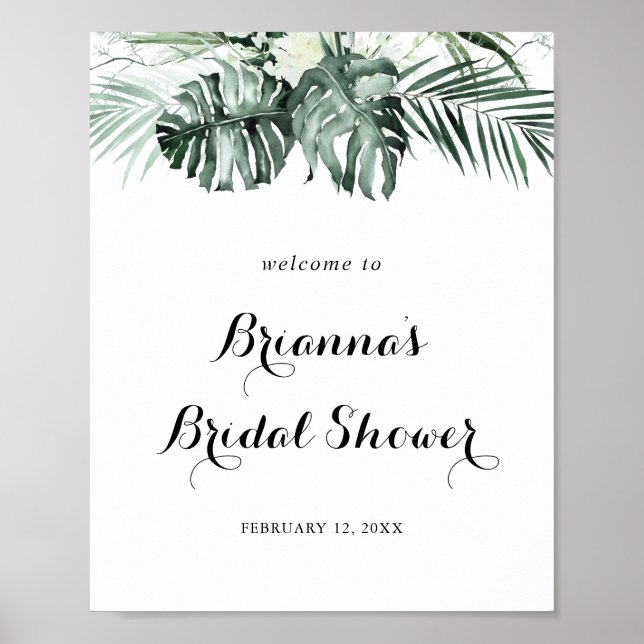 Tropical Greenery White Bridal Shower Welcome Poster (Front)