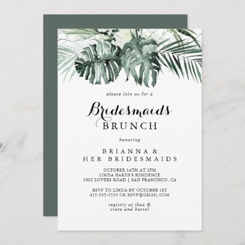 Tropical Greenery White Bridesmaids Brunch Shower Invitation
