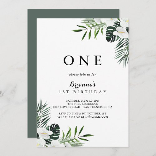 Tropical Greenery White First Birthday Party Invitation